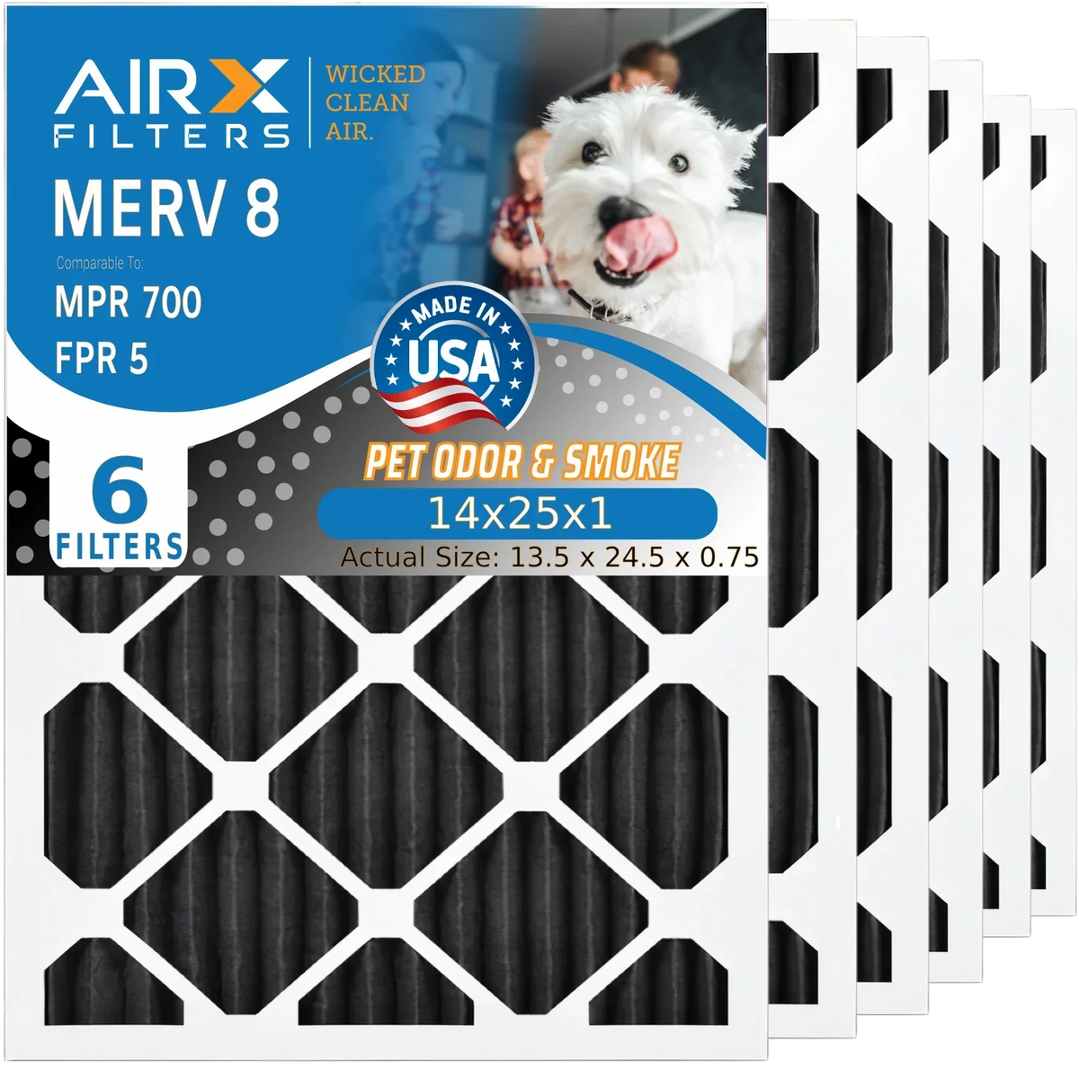 14x25x1 Air Filter Odor Eliminator Carbon Filter MERV 8 Comparable to MPR 700 & FPR 5 AC HVAC Premium USA Made 14x25x1 Furnace Filters by AIRX FILTERS WICKED CLEAN AIR. 6 Pack