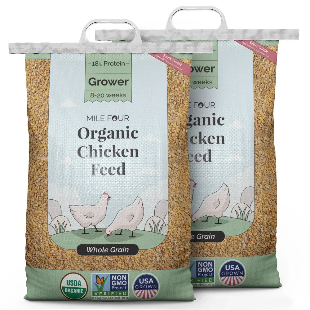 Mile Four | Grower Organic Chicken Feed | 100% US Grown Grains, Certified Organic, Certified Non-GMO, Corn-Free, Soy-Free, Non-Medicated Chicken Food | 18% Protein | Whole Grain | 46 lbs.