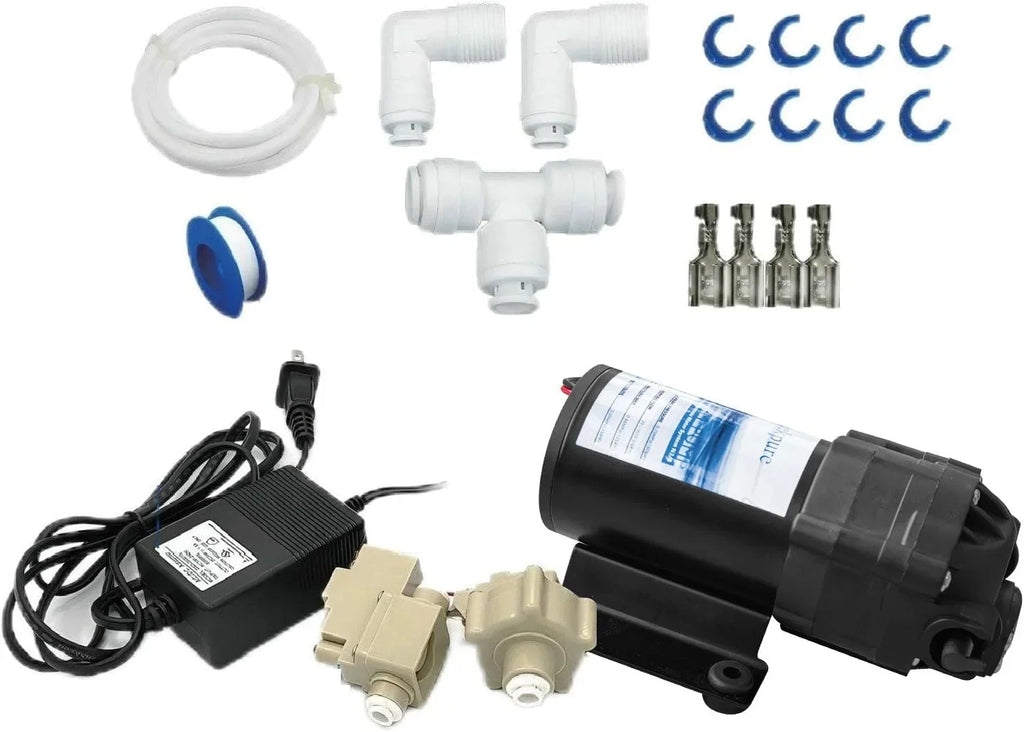 JIAH Reverse Osmosis Booster Pump Kit with Transformer + High and Low Pressure Switches + Fittings for 50-150 GPD RO System