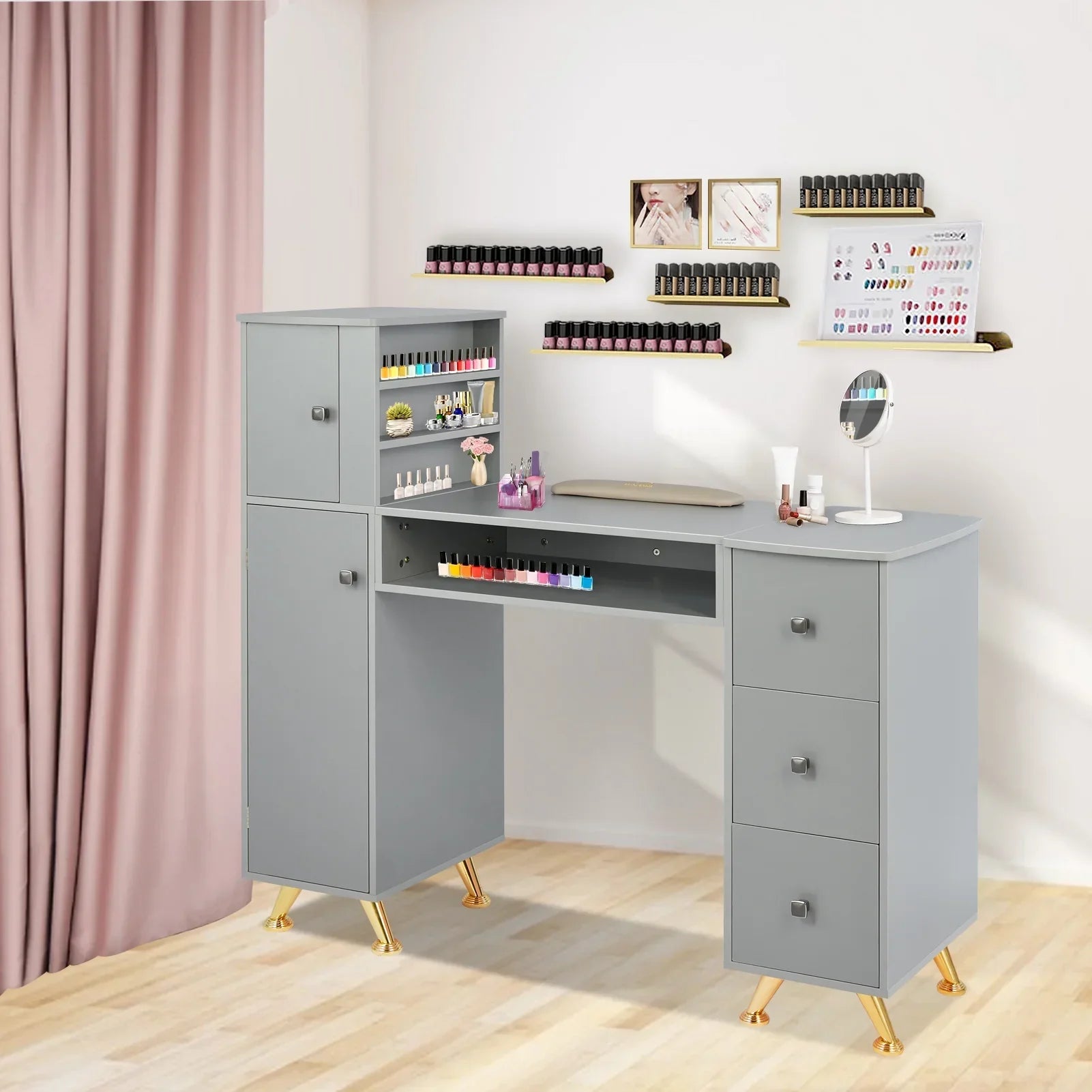 LUXMARS Manicure Table Nail Desk for Technician w/Wrist Rest & Plastic Table Mat, Acetone Resistant Nail Table Station w/Large Capacity Storage Space, for Home Spa Beauty Salon - Grey