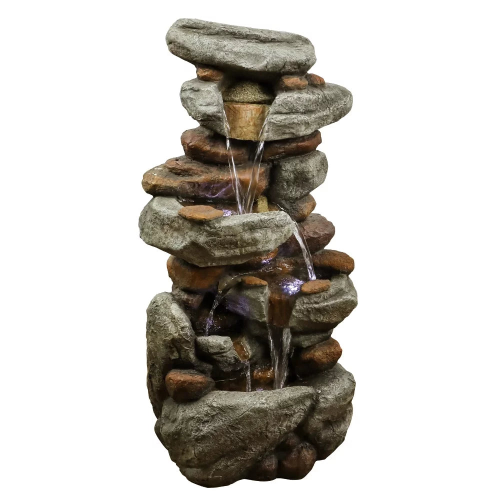 30-inch High Outdoor Water Fountain with LED Lights - Cascading Water Feature for Home, Garden, Patio and Deck Decor