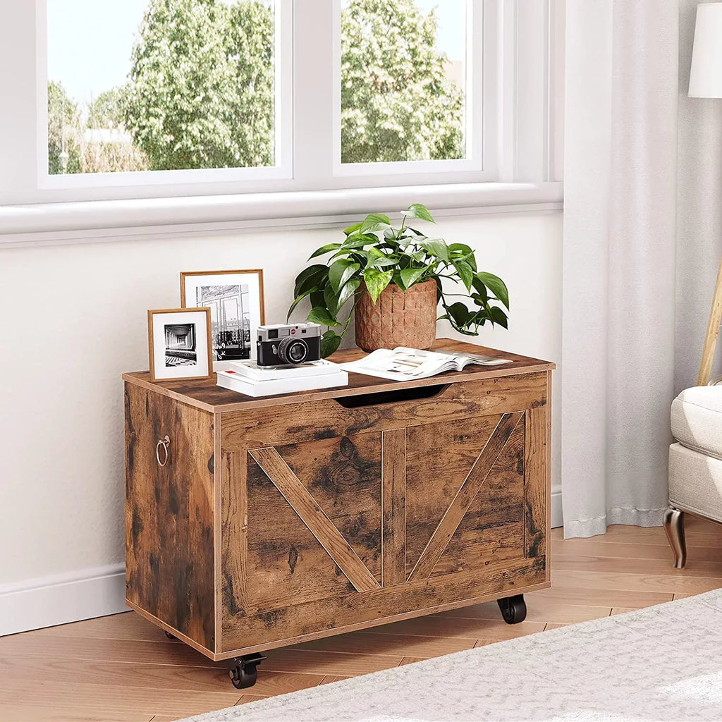 Storage Chest, Storage Trunk on Wheels, Sturdy Storage Bench Supports 220 lb, Wooden Entryway Bench, Shoe Bench, Movable, Safety Hinge, U-Shaped Opening, Easy Assembly, Rustic Brown FG74CW01