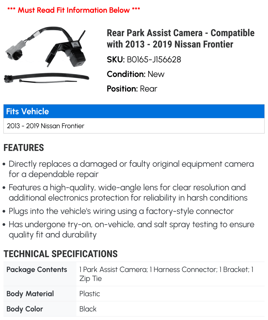 Rear Park Assist Camera - Compatible with 2013 - 2019 Nissan Frontier 2014 2015 2016 2017 2018