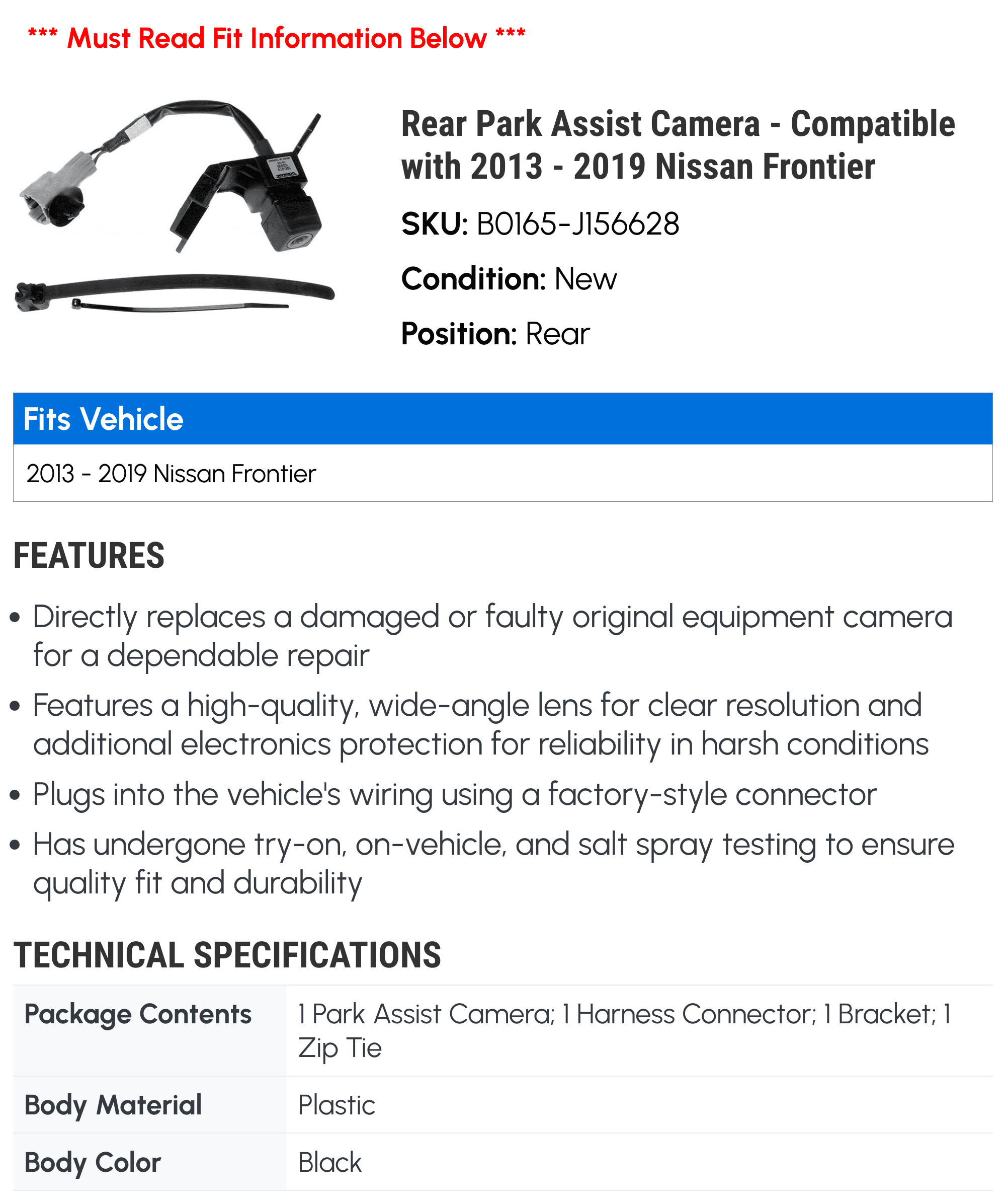 Rear Park Assist Camera - Compatible with 2013 - 2019 Nissan Frontier 2014 2015 2016 2017 2018