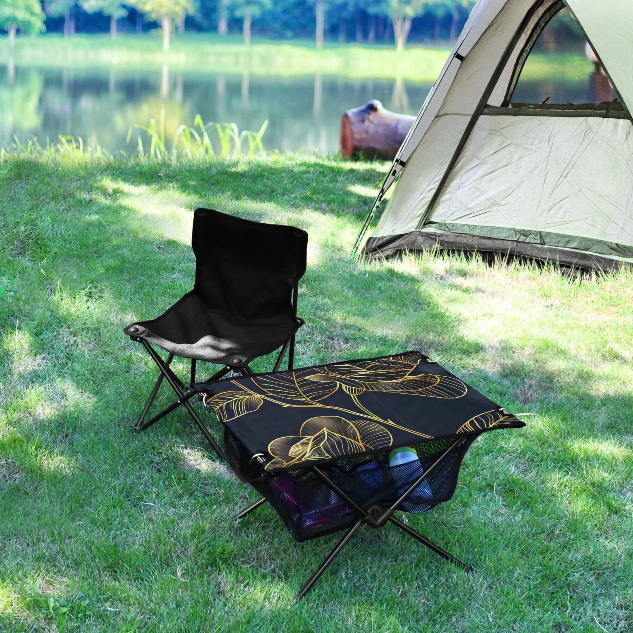 Luxury Golden Rose Flower Camping Folding Table Portable Beach Table with Storage Bag Compact Picnic Table for Outdoor Travel Fishing BBQ