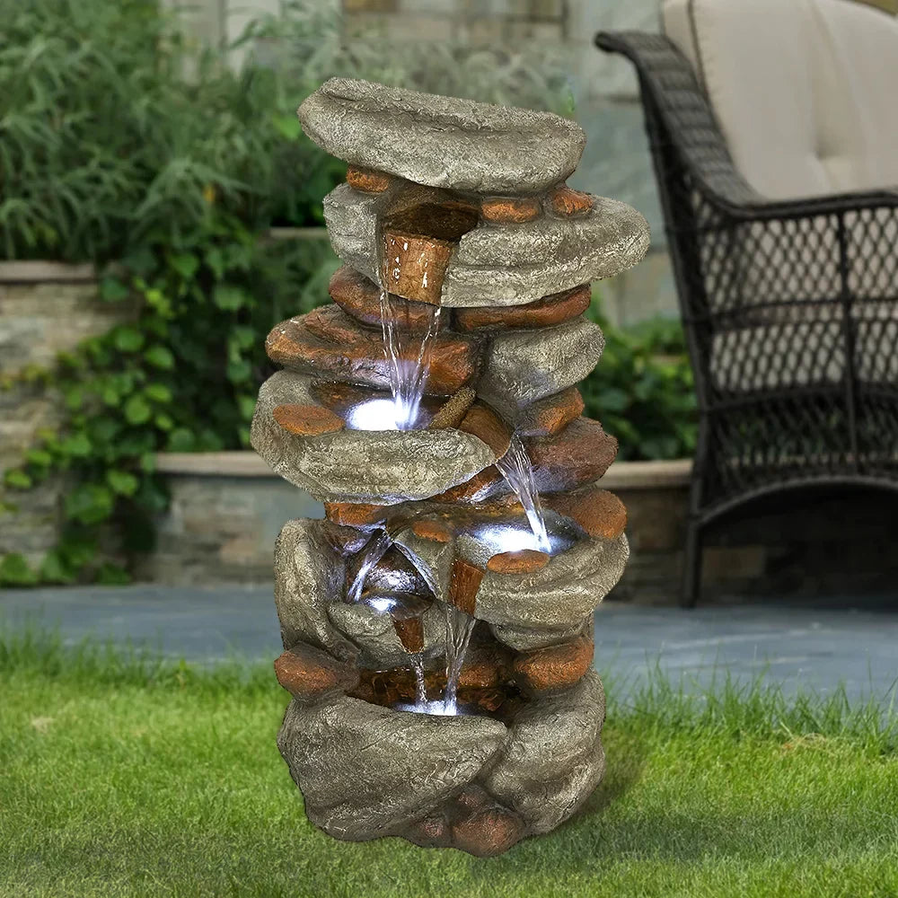 30-inch High Outdoor Water Fountain with LED Lights - Cascading Water Feature for Home, Garden, Patio and Deck Decor