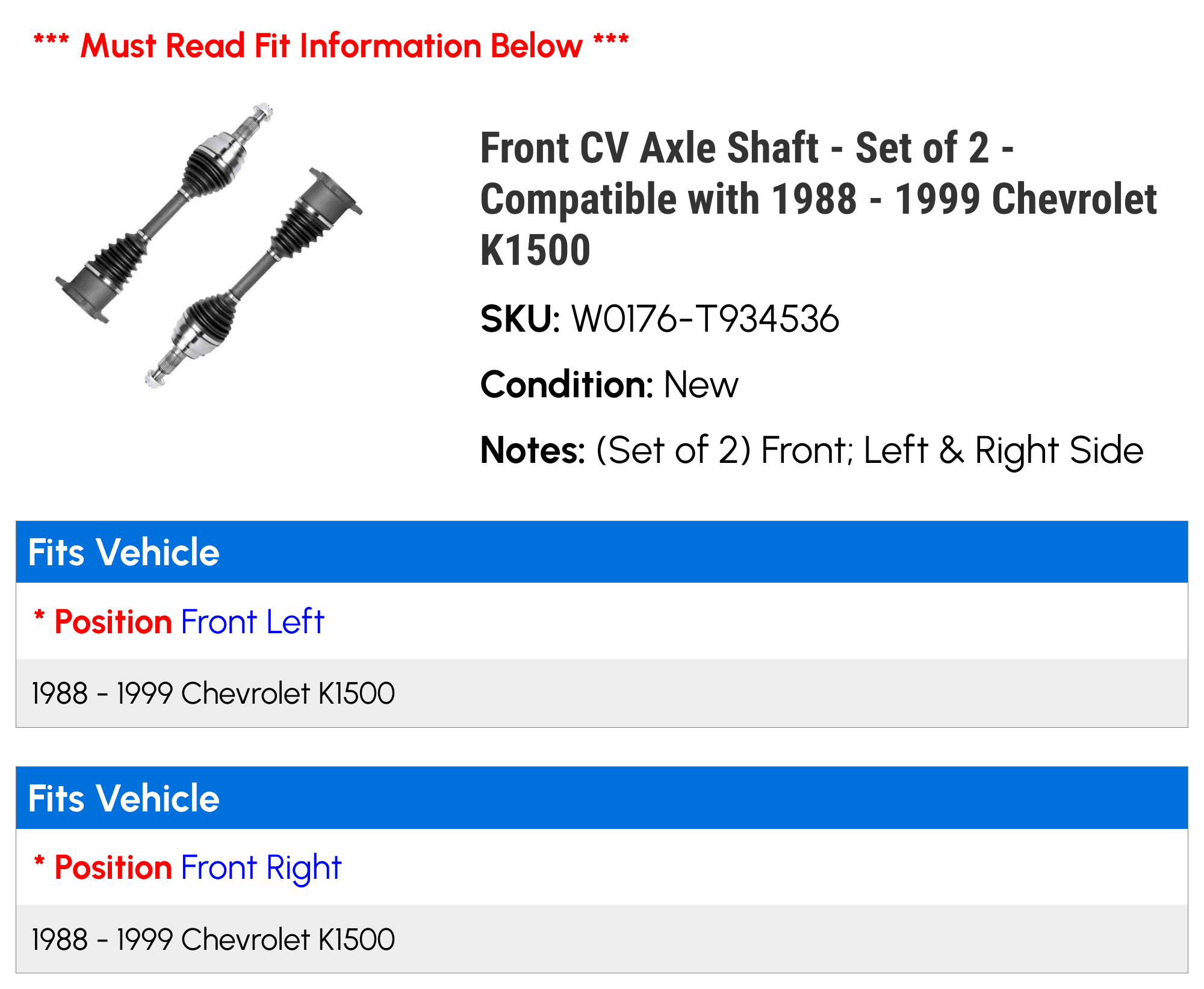 Front CV Axle Shaft - Set of 2 - Compatible with 1988 - 1999 Chevy K1500 1989 1990 1991 1992 1993 1994 1995 1996 1997 1998
