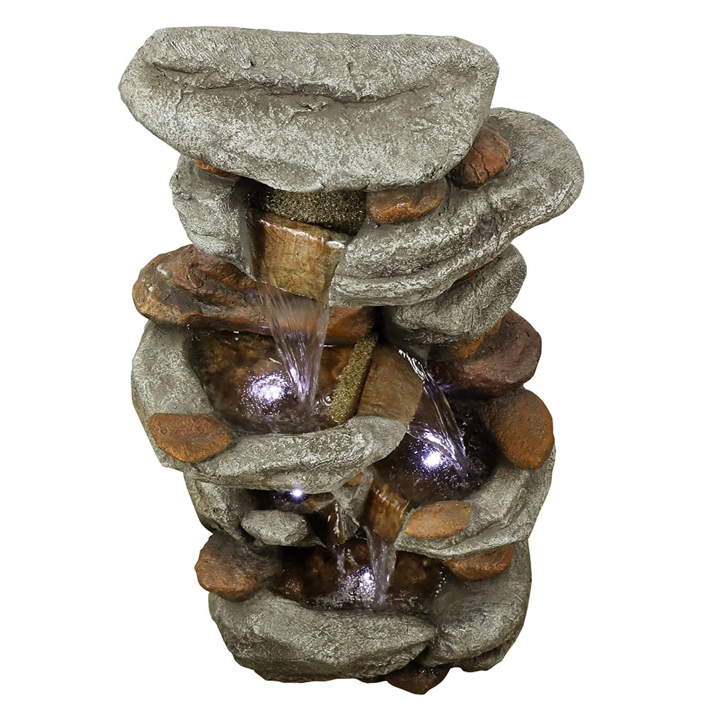 30-inch High Outdoor Water Fountain with LED Lights - Cascading Water Feature for Home, Garden, Patio and Deck Decor
