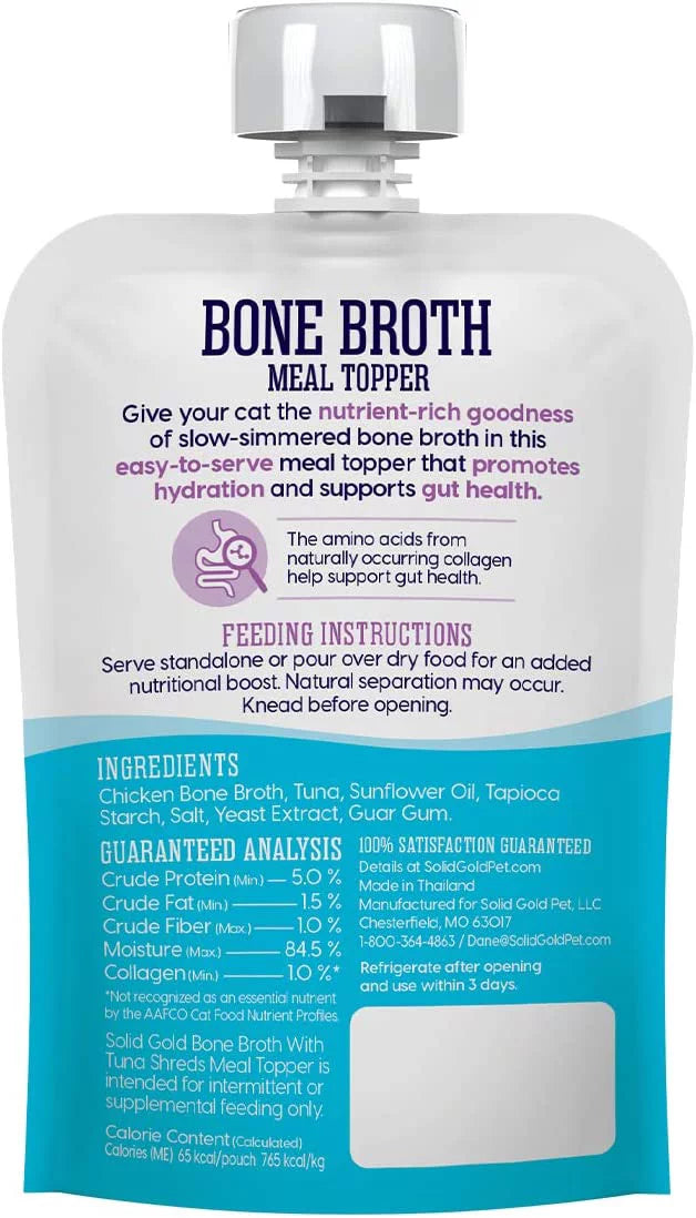 Solid Gold Bone Broth Meal Toppers for Cats - Nutrient Rich Wet Cat Food Meal Toppers with Tuna Shreds to Promote Hydration - Easy to Serve Grain Free Cat Food Gravy 12 Pack