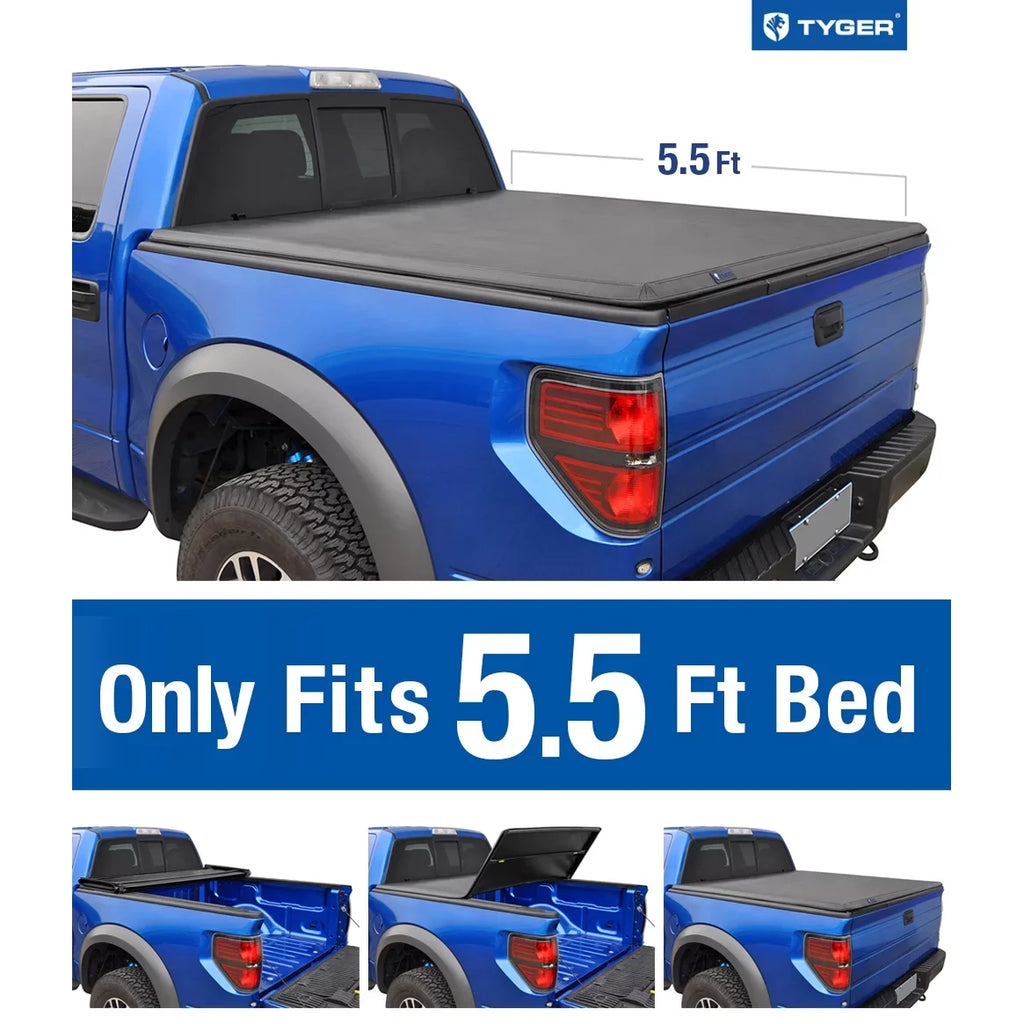 TYGER TG-BC3F1019 Tri-Fold Pickup Tonneau Cover Fit 09-14 Ford F-150 (NOT Raptor Series) w/o Utility Track 5.5 feet (66 inch) Trifold Truck Cargo Bed Tonno Cover (NOT For Stepside) 2010 2011 2012 2013