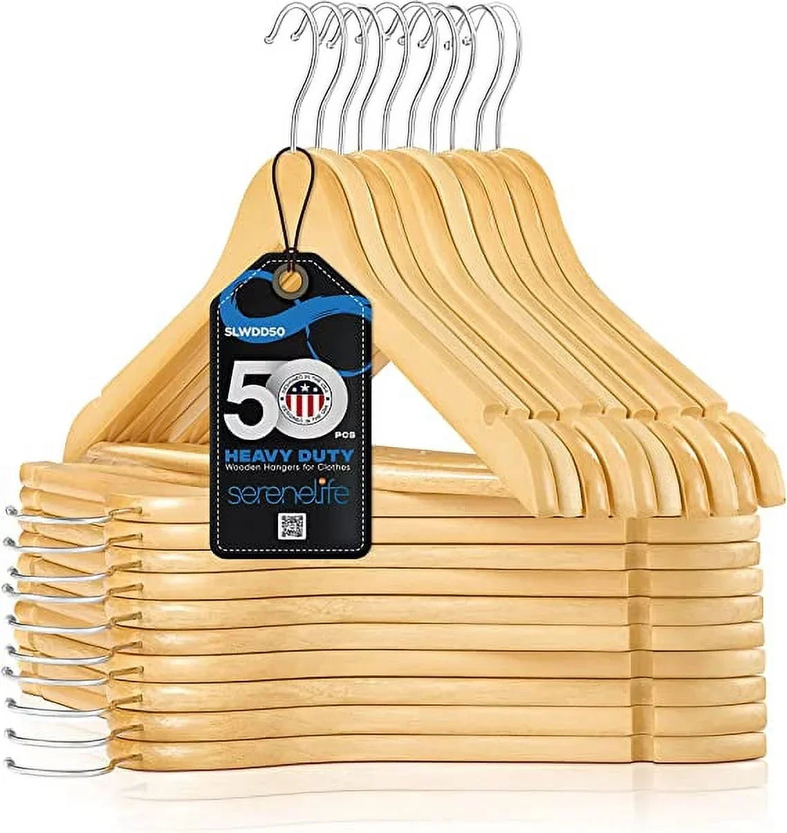 SereneLife Solid Wooden Hangers, 50 Pieces Hangers for Clothes, Heavy Duty Suit Hanger Set