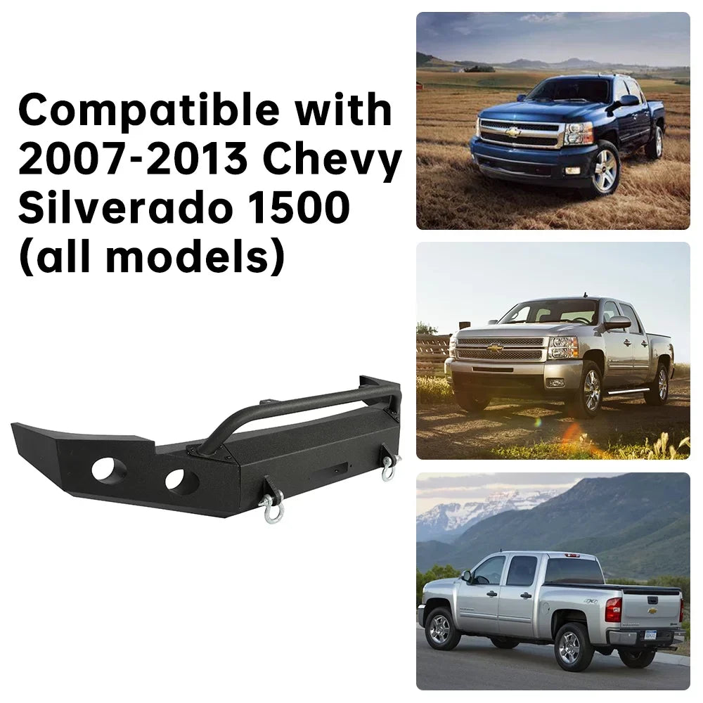HECASA Front Bumper W/ D-Rings for 2007-2013 Chevy Silverado 1500 Push Bar 3-Piece Modular 2008 2009 2010 2011 2012 2013