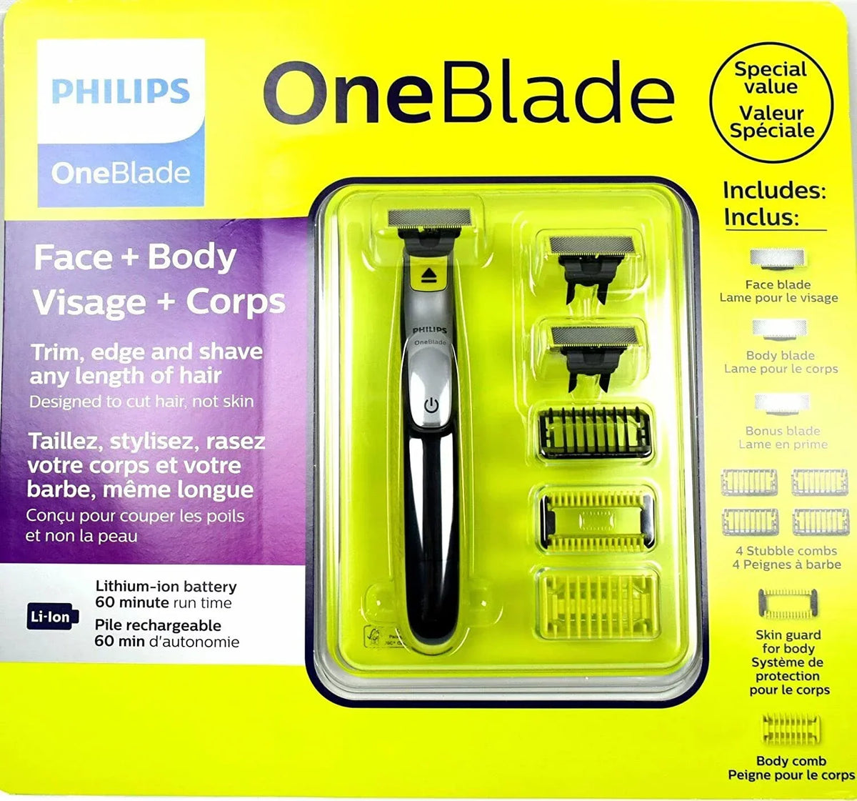 Philips Norelco OneBlade Face Body Hybrid Electric Trimmer & Shaver + Blades, Skin Guard, QP2630/60