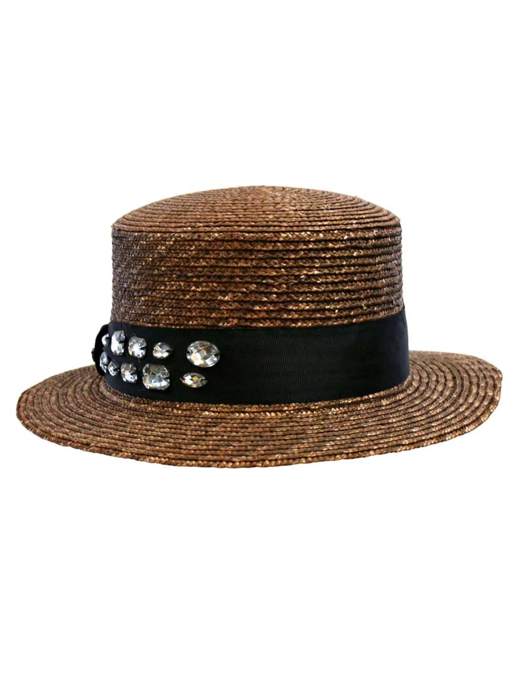 Brown Straw Sun Hat With Black Rhinestone Band