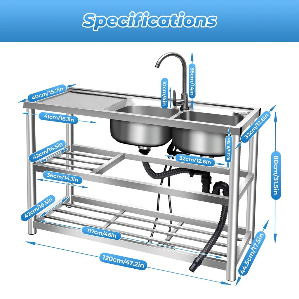 Commercial Kitchen Utility Sink w/ Drainboard 304 Stainless Steel Catering Prep Home Sink Bowl Kitchen 2 Bowls Catering Prep Table w/Faucet Sink Bowl Kitchen 2 Bowls Catering Prep Table +Shelf