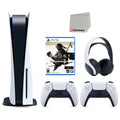 Sony Playstation 5 Disc Version Console with Extra White Controller, White PULSE 3D Headset and Ghost of Tsushima Director's Cut Bundle with Cleaning Cloth