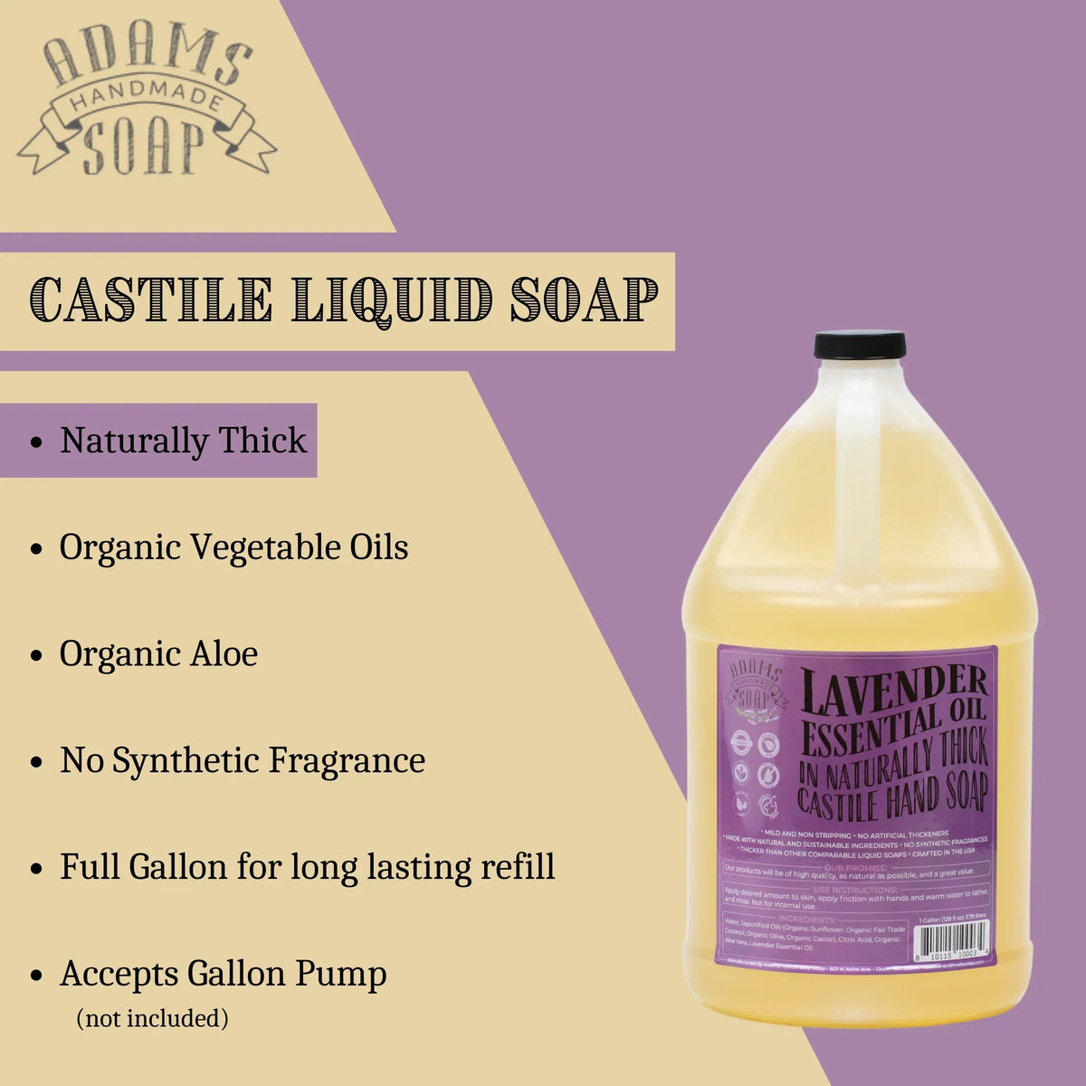 Lavender Organic Liquid Castile Hand Soap 1 Gallon Refill Adams Handmade Soap