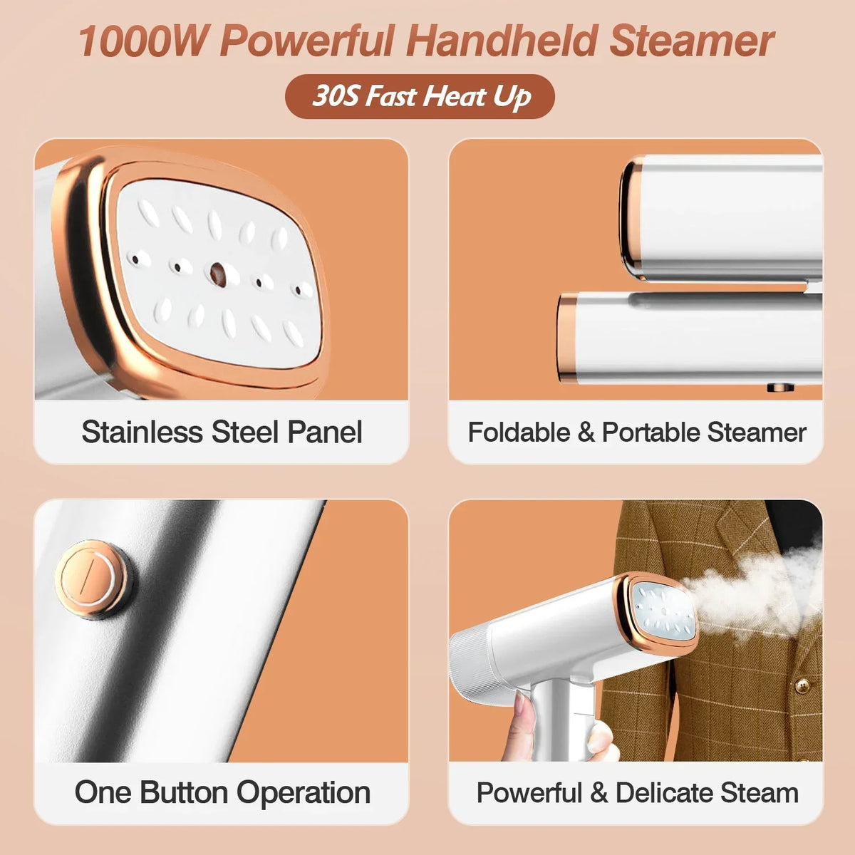 iMounTEK 1000W Portable Handheld Steamer with Brush Foldable Travel Electric Steamer for Garments Clothing Wrinkles Remover 30S Heat up 120ML Water Tank, White