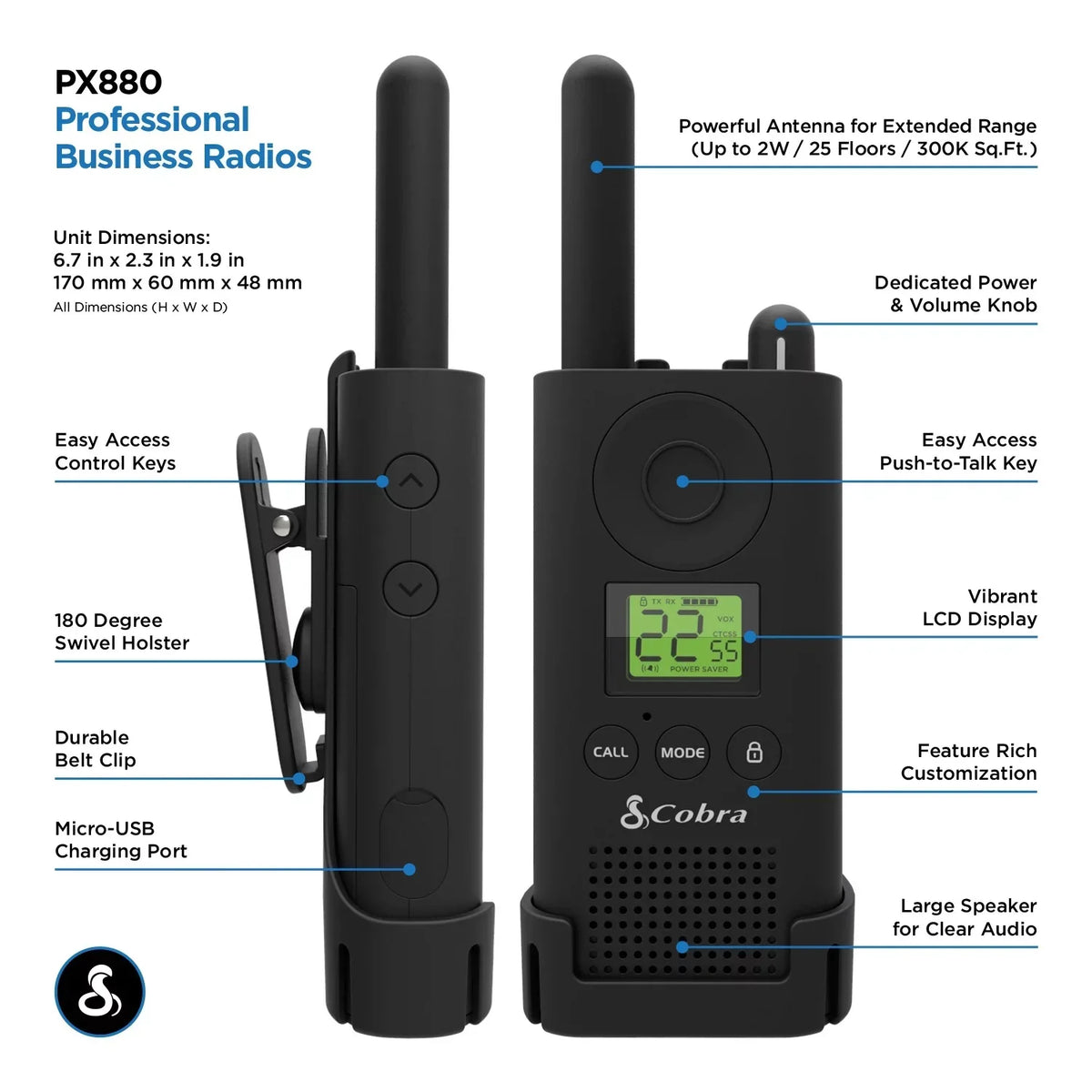 Cobra® MicroTALK CBA-PX880 Two-Way Radios, Black, Pack Of 2 Radios
