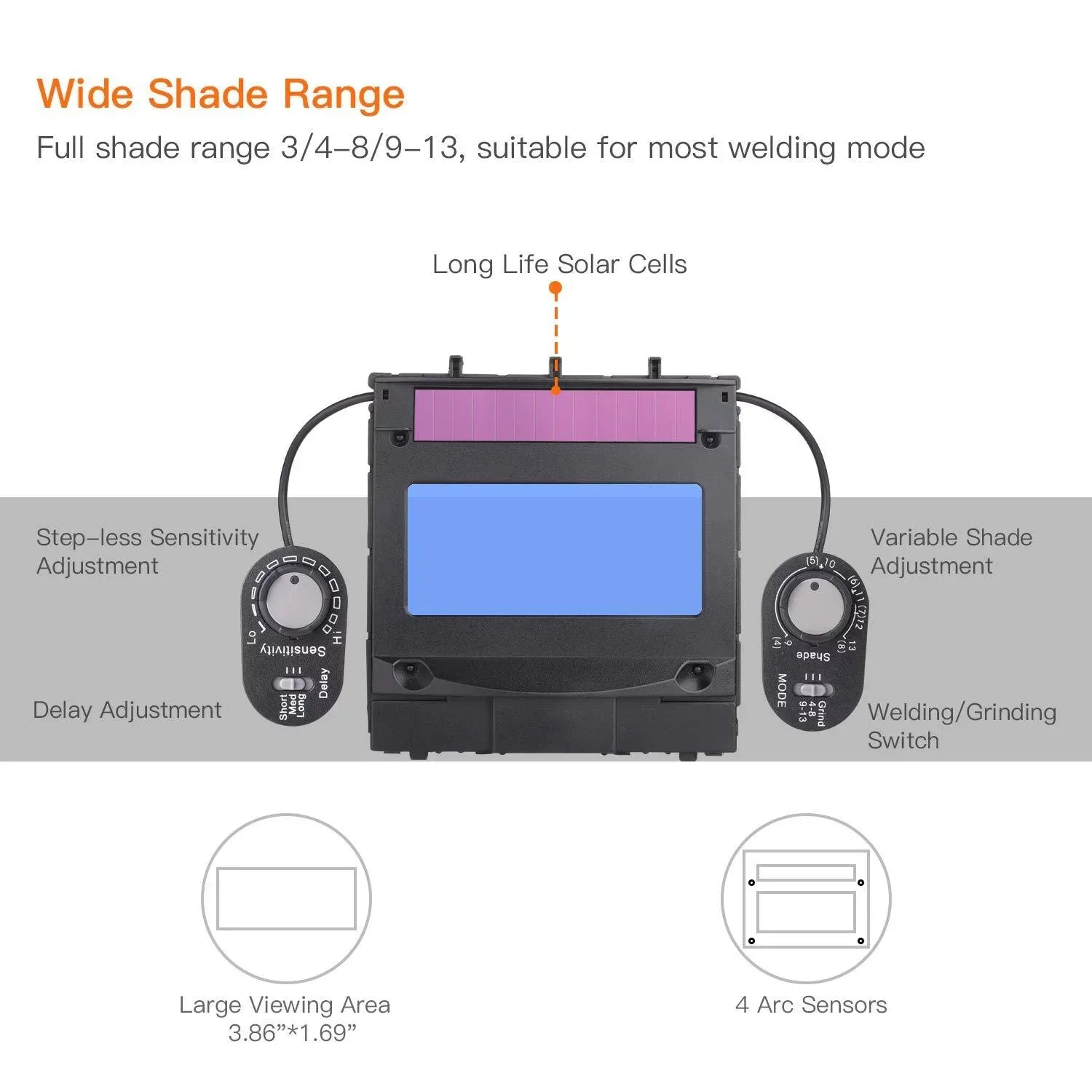 TACKLIFE Welding Helmet Solar Power Auto Darkening, Optical Class (1/1/1/1), Full Shade Range 3/4-8/9-13, 6Pcs Replacement Lenses, Grinding Feature for TIG MIG MMA Plasma - PAH04D NEW
