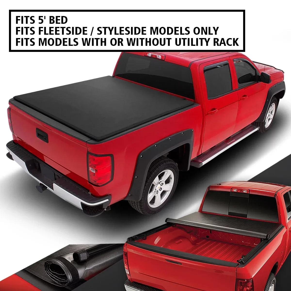 DNA Motoring TTC-RU-045 For 2005 to 2021 Nissan Frontier 5 Ft Short Bed Fleetside Vinyl Roll -Up Soft Tonneau Cover