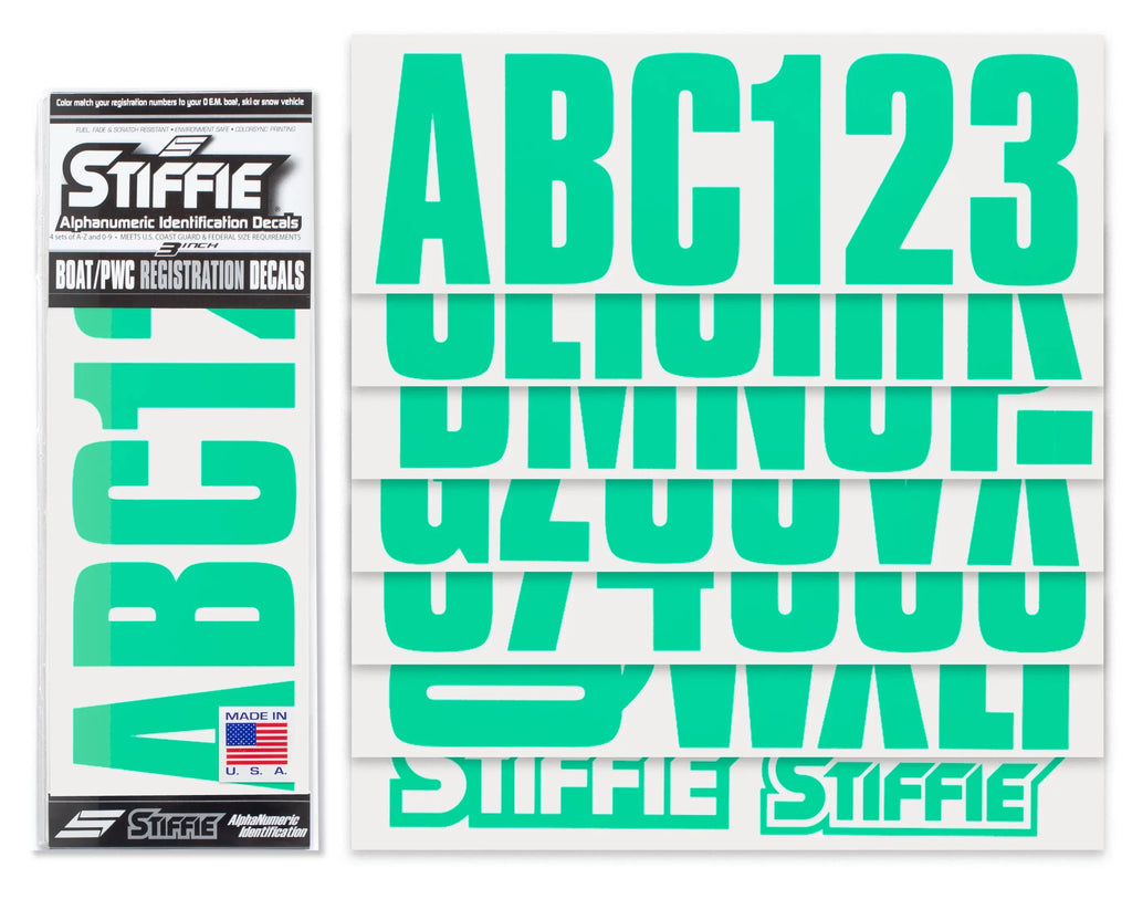 STIFFIE Uniline SeaFoam Green 3" Alpha-Numeric Identification Custom Kit Registration Numbers & Letters Marine Stickers Decals for Boats & Personal Watercraft PWC