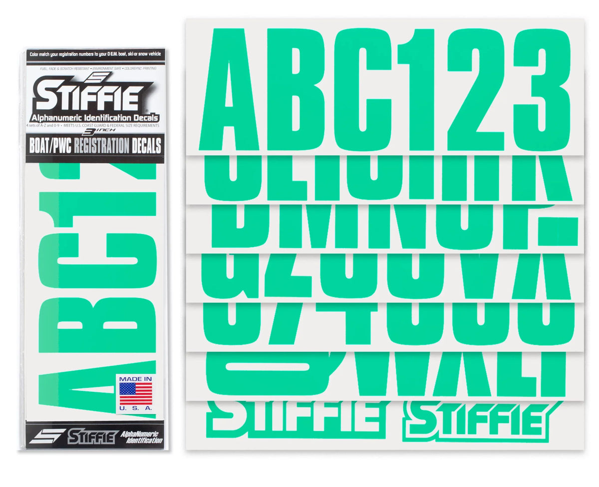 STIFFIE Uniline SeaFoam Green 3" Alpha-Numeric Identification Custom Kit Registration Numbers & Letters Marine Stickers Decals for Boats & Personal Watercraft PWC