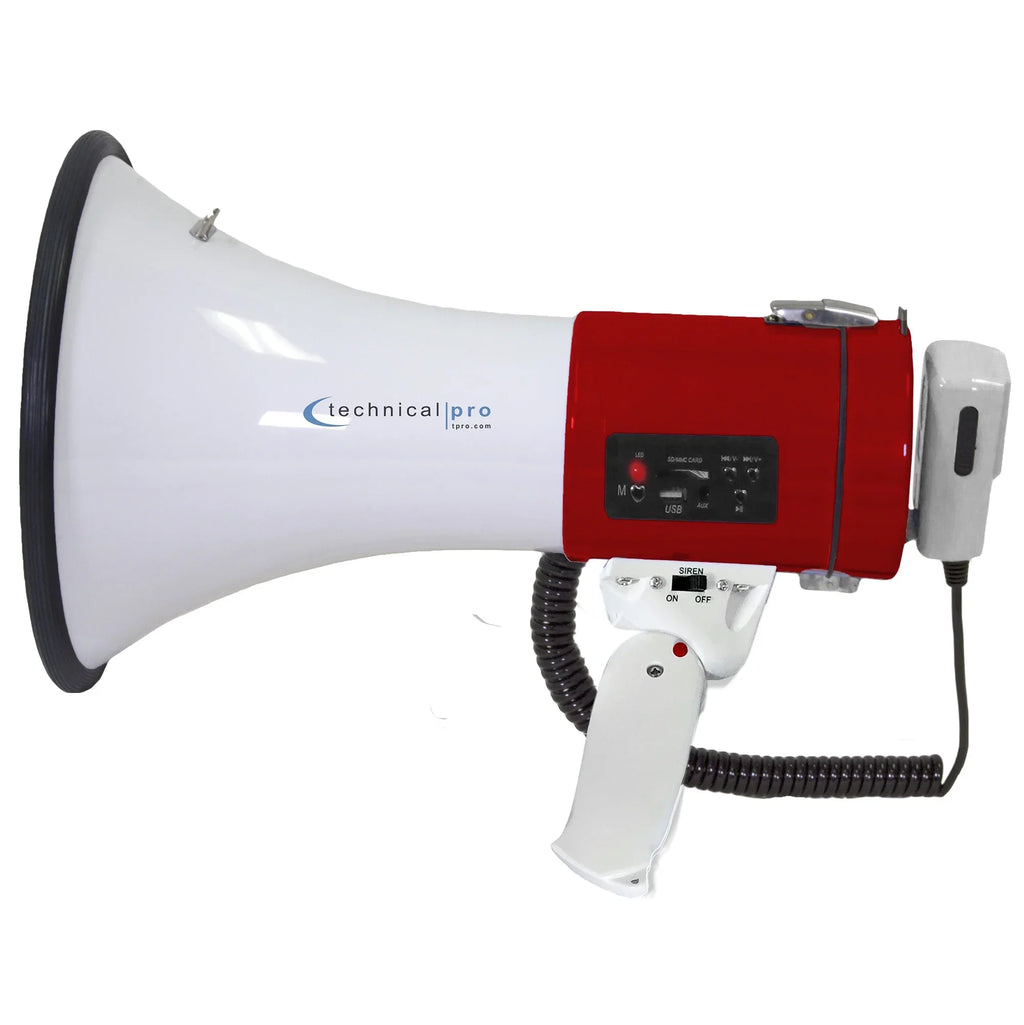 Technical Pro Portable 50-Watt Megaphone Bullhorn Speaker w/ Siren and Detachable Microphone w/ Rechargeable Battery for