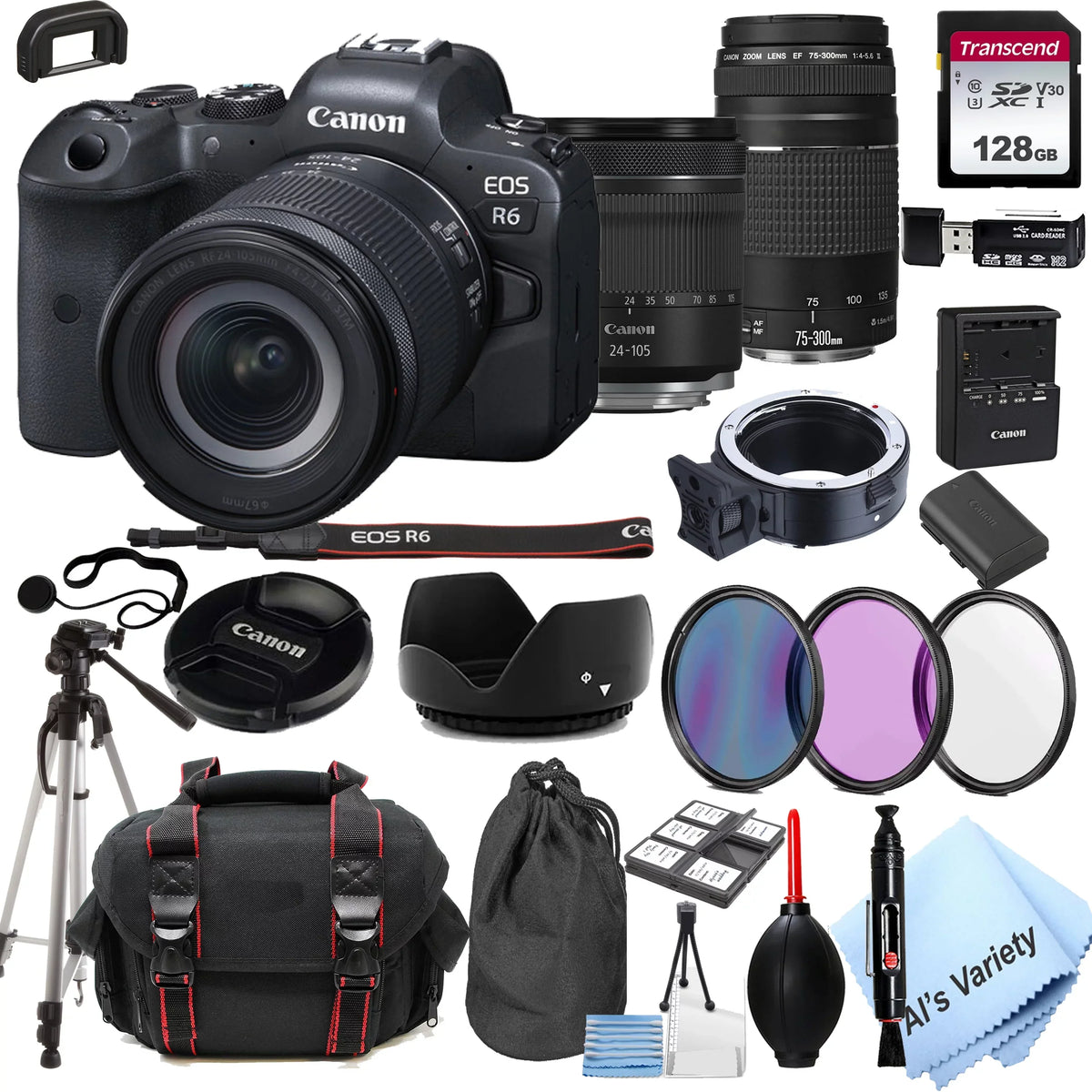 Canon EOS R6 Mirrorless Digital Camera W/ 24-105mm f/4-7.1 Lens+75-300mm F/4-5.6 III Lens+128GB Memory+Case+Filters+Tripod(26pc Bundle)
