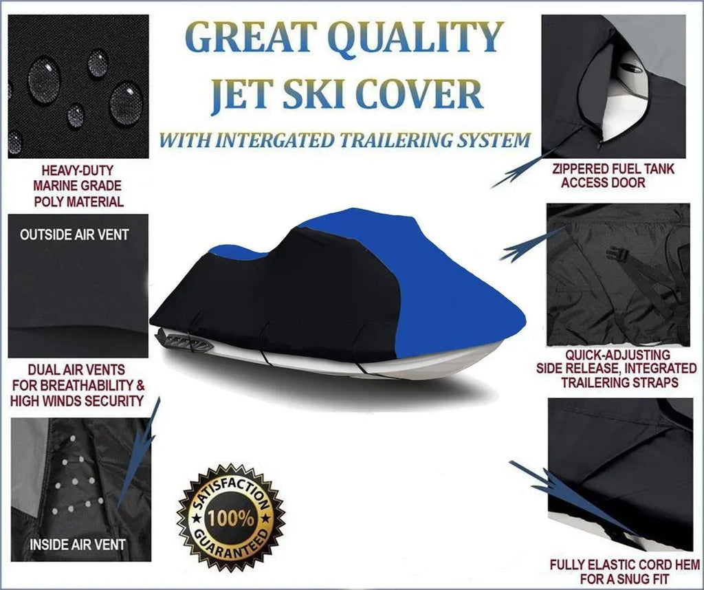 BLACK / BLUE HEAVY-DUTY, 600 DENIER PWC Jet Ski Cover Compatible for 1994 1995 1996 1997 1998 Kawasaki STX 750 Trailerable