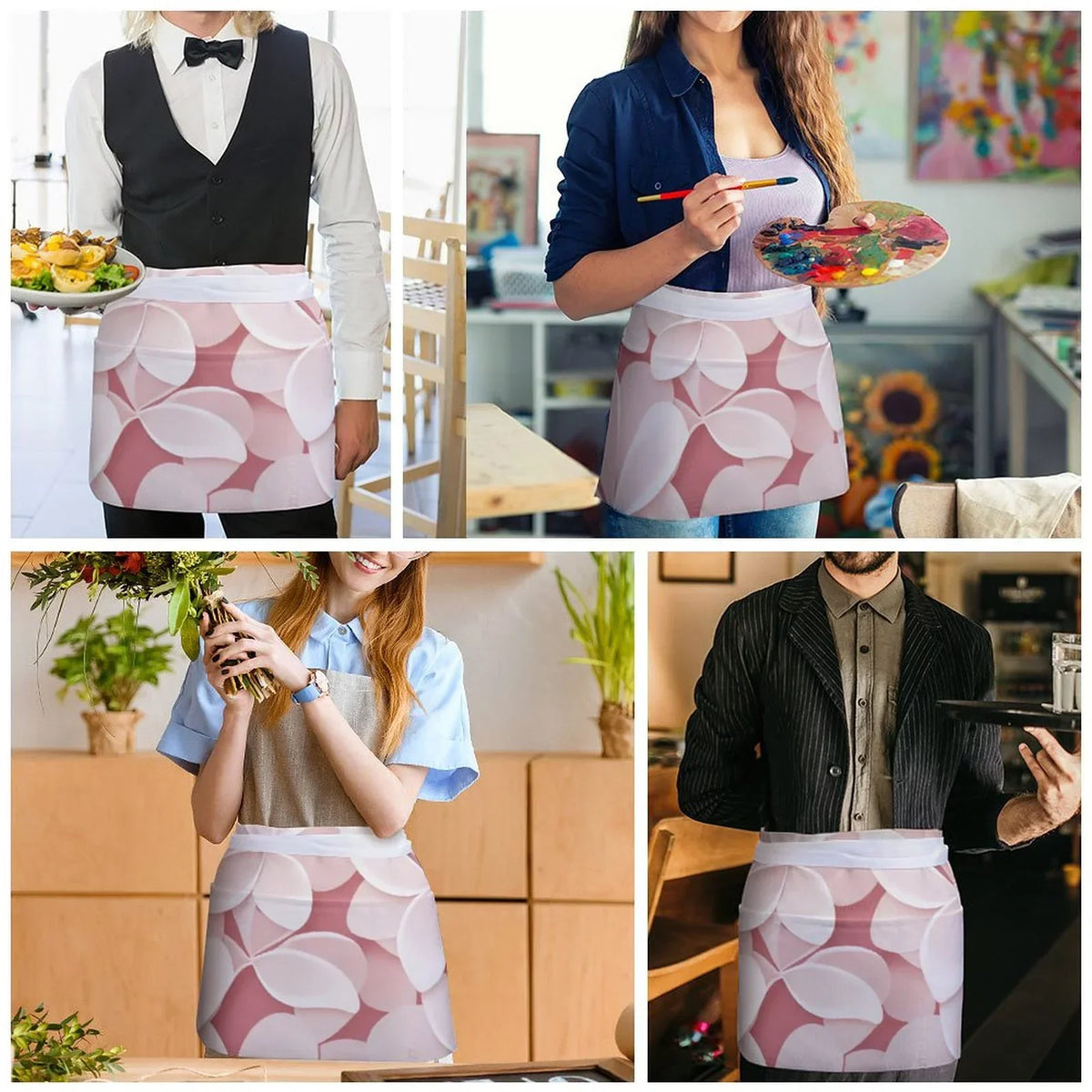 Pink Petal Half Body Apron Women's Polyester Material Durable and Fashionable Cooking with Pocket