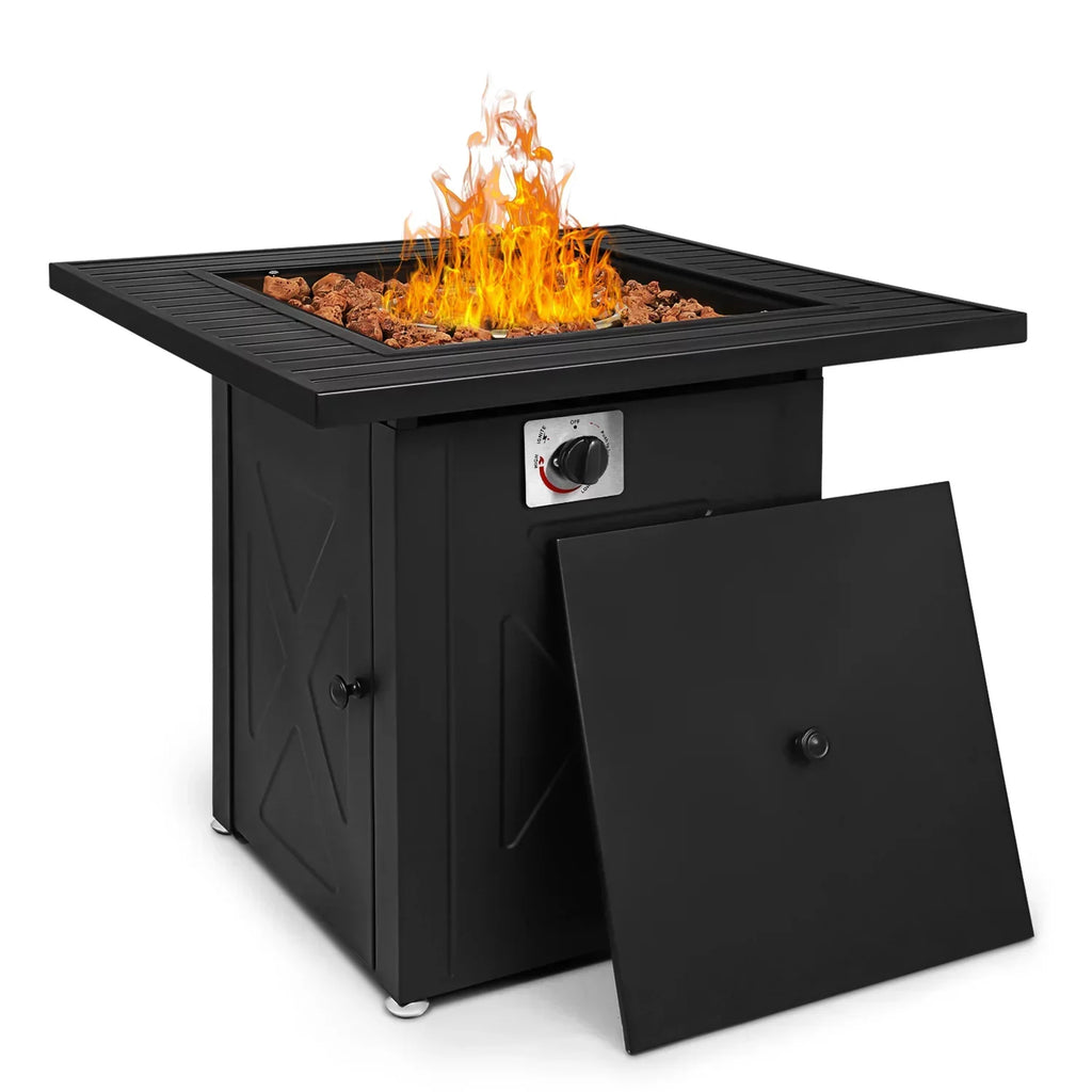 MoNiBloom 28" Fire Pit Table 50,000 BTU Square Propane Gas Fire Pit Table with Lava Rocks and Metal Lid for Outdoor Patio, Black
