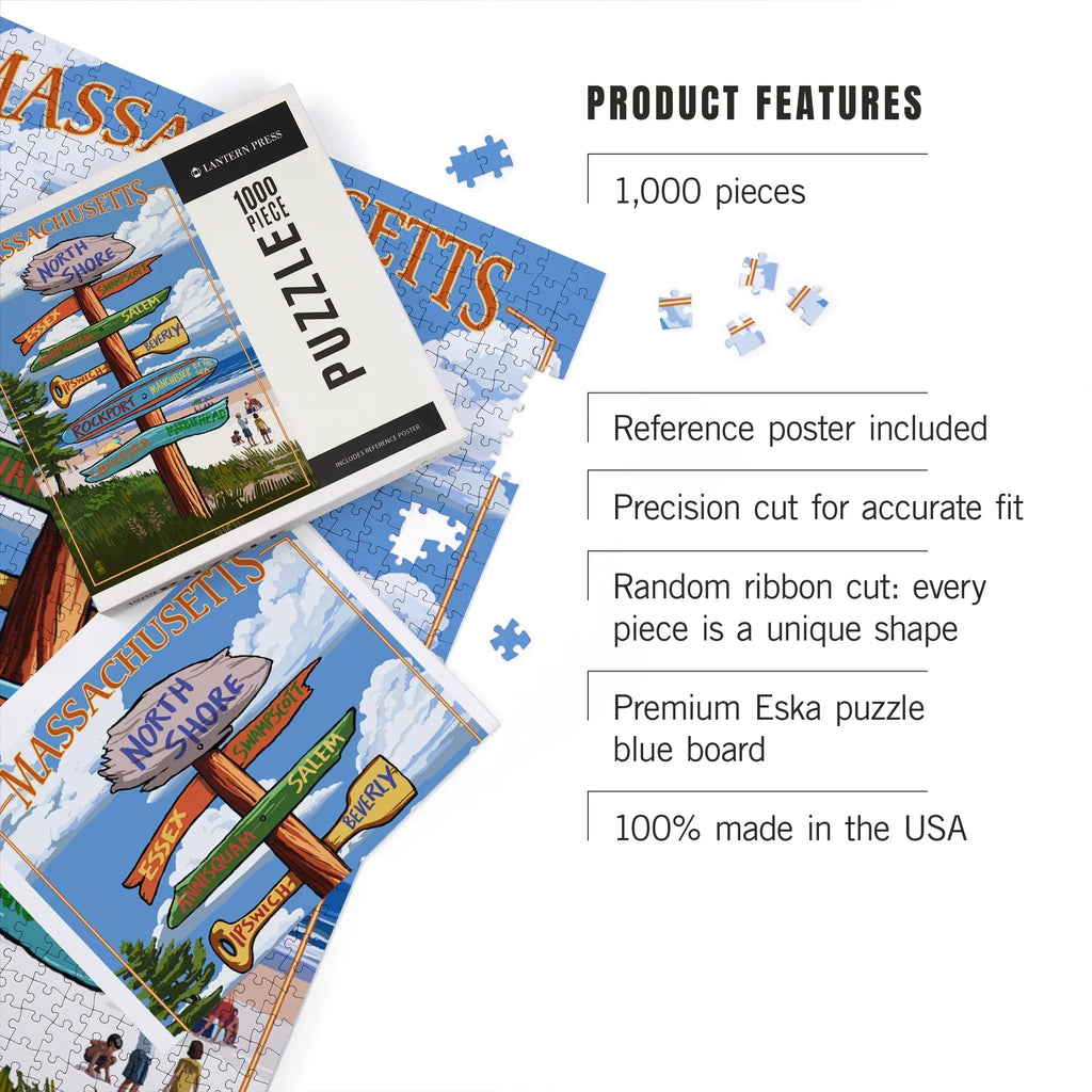 Lantern Press 1000 Piece Jigsaw Puzzle, North Shore, Massachusetts, Destinations Sign