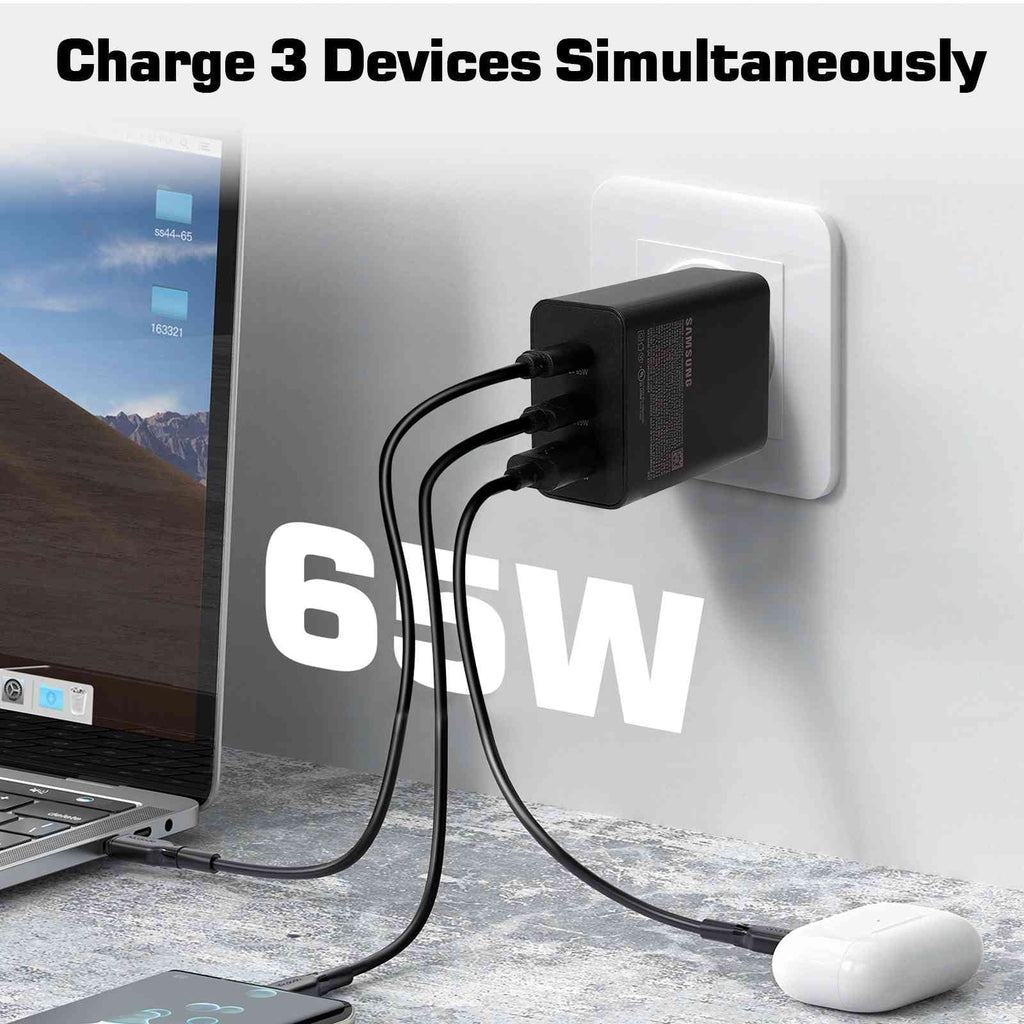 65W Fast Travel Charger with 3 Ports - USB & Dual USB-C - High-Speed Charging for Laptops, Phones vivo Y17/X27 Pro/S1 (China)/X27/iQOO iPhone, Samsung Galaxy, Google Pixel, MacBook, Steam Deck