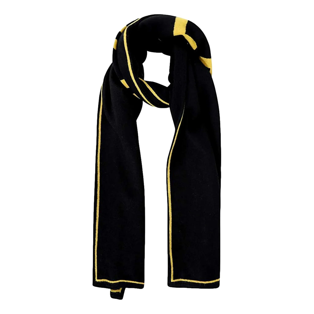 Fendi Roma Knitted Wool & Cashmere Black Yellow Logo Scarf FXS124