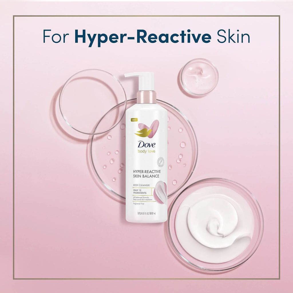 Dove Body Love Body Cleanser Reaction-Prone Skin 3 Count Hyper-Reactive Skin Balance For Ultra-Sensitive Fragrance Free Body Wash With Only 12 Ingredients 17.5 Oz.