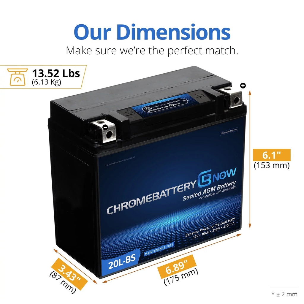 Chrome Battery Now Ytx20l-bs (20l-bs 12 Volt,18 Ah,270 Cca) Intelligent Wireless Smartphone Connectivity AGM Battery for Personal Watercraft - Brp (sea-doo) 1500 Gti, Gtr, Gts, Gtx, Rxt, Rxp, Wake Years (2016-2018)