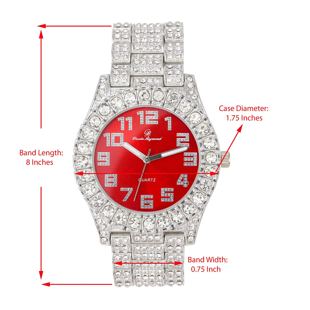 Charles Raymond Mens Big Rocks with Numerals Fully Iced Out Colorful Dial Blinged Out Hip Hop Watch - ST10327AR Single Silver Blood Red