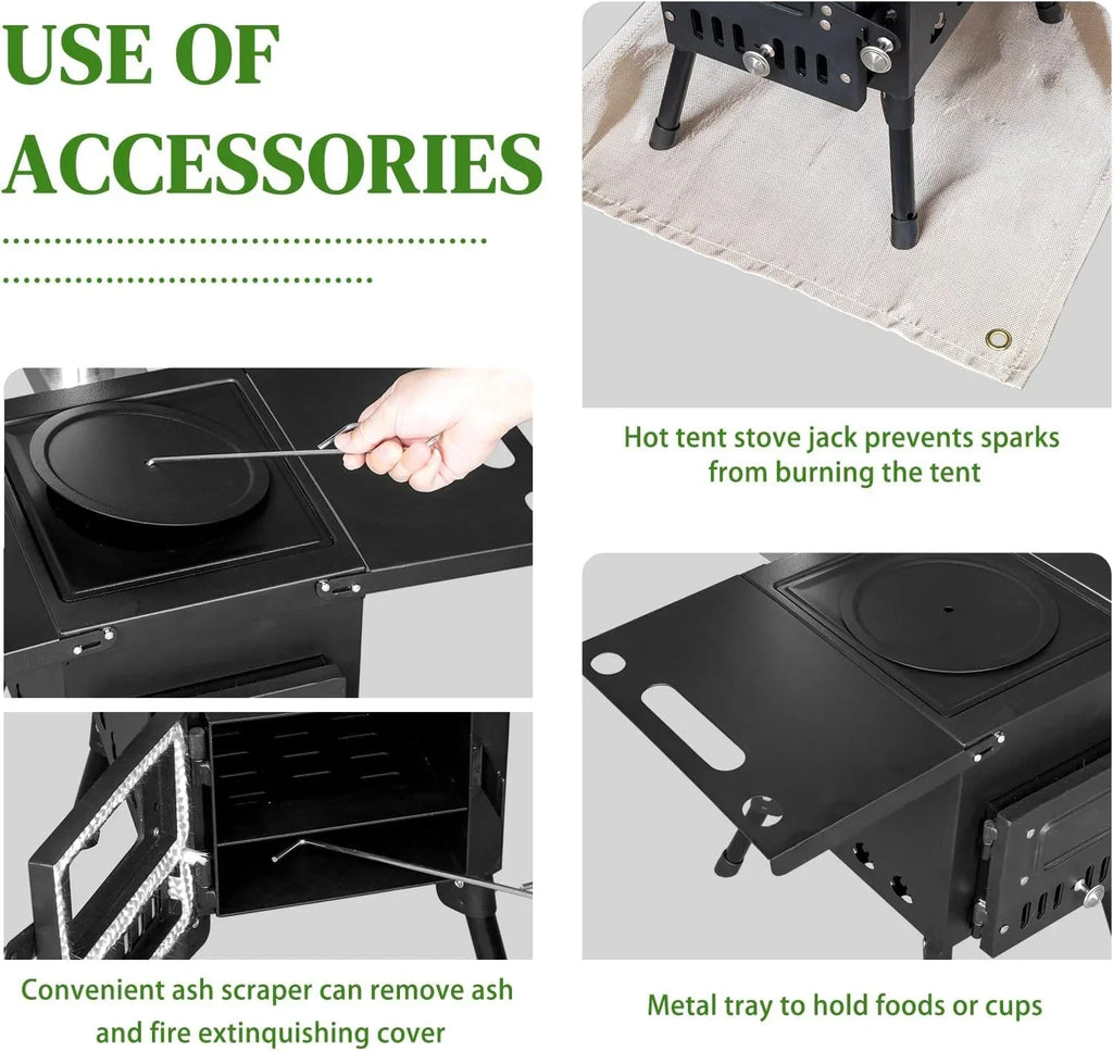 Camping Wood Stove, Outdoor Portable Tent Wood Burning Stove with Stainless Chimney Pipes, Tent Stove Jack & Gloves for Outdoor Camping Cooking and Heating 1-2 People Use(Black)