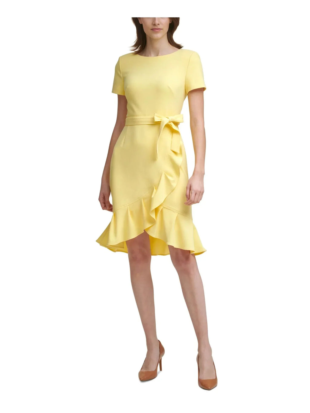 CALVIN KLEIN Womens Yellow Stretch Zippered Ruffled Tulip Hem Scuba Crepe Tie Sash Short Sleeve Round Neck Knee Length Party Sheath Dress Petites 0P