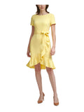 CALVIN KLEIN Womens Yellow Stretch Zippered Ruffled Tulip Hem Scuba Crepe Tie Sash Short Sleeve Round Neck Knee Length Party Sheath Dress Petites 0P