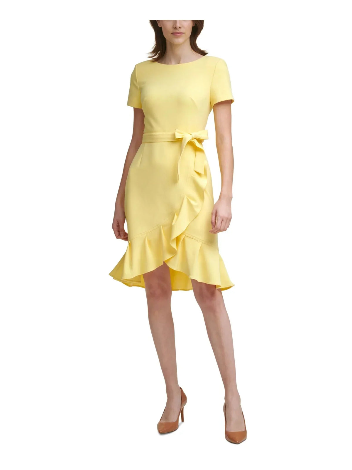 CALVIN KLEIN Womens Yellow Stretch Zippered Ruffled Tulip Hem Scuba Crepe Tie Sash Short Sleeve Round Neck Knee Length Party Sheath Dress Petites 0P