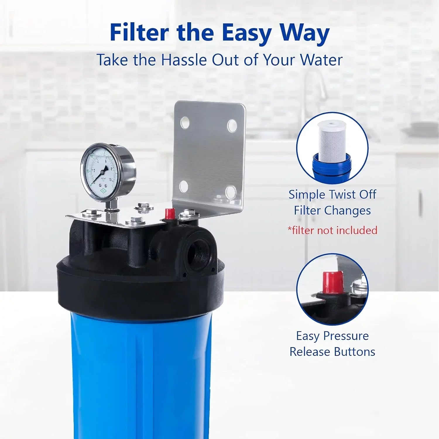 Whole House Water Filter Housing, Universal 20-Inch Housing 4.5” X 20”, 1-Inch NPT Inlet Outlet, Heavy Duty Standard Size Replacement Includes Bracket, Pressure Gauge, Wrench