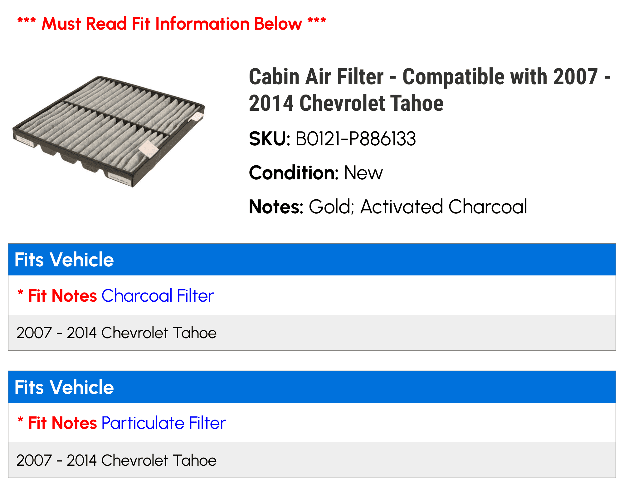 Cabin Air Filter - Compatible with 2007 - 2014 Chevy Tahoe 2008 2009 2010 2011 2012 2013