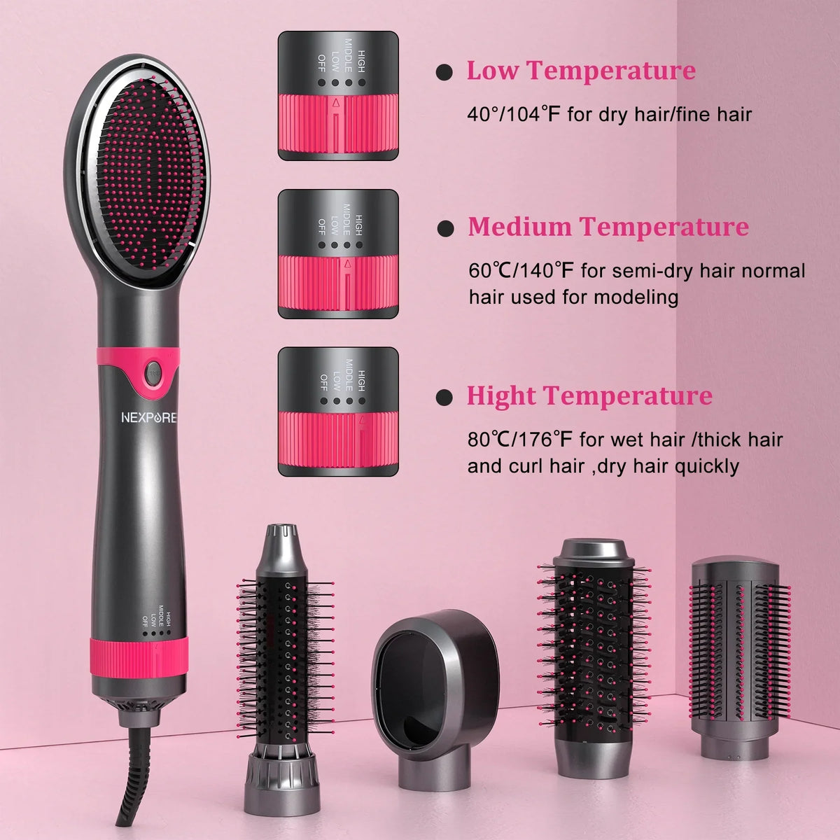 NEXPURE 5 in 1 Multifunctional Hair Dryer Styling Tool, Detachable Salon 5-in-1 Multi-Head Hot Air Comb,Negative Ion Automatic Suction Hair Curler for Women