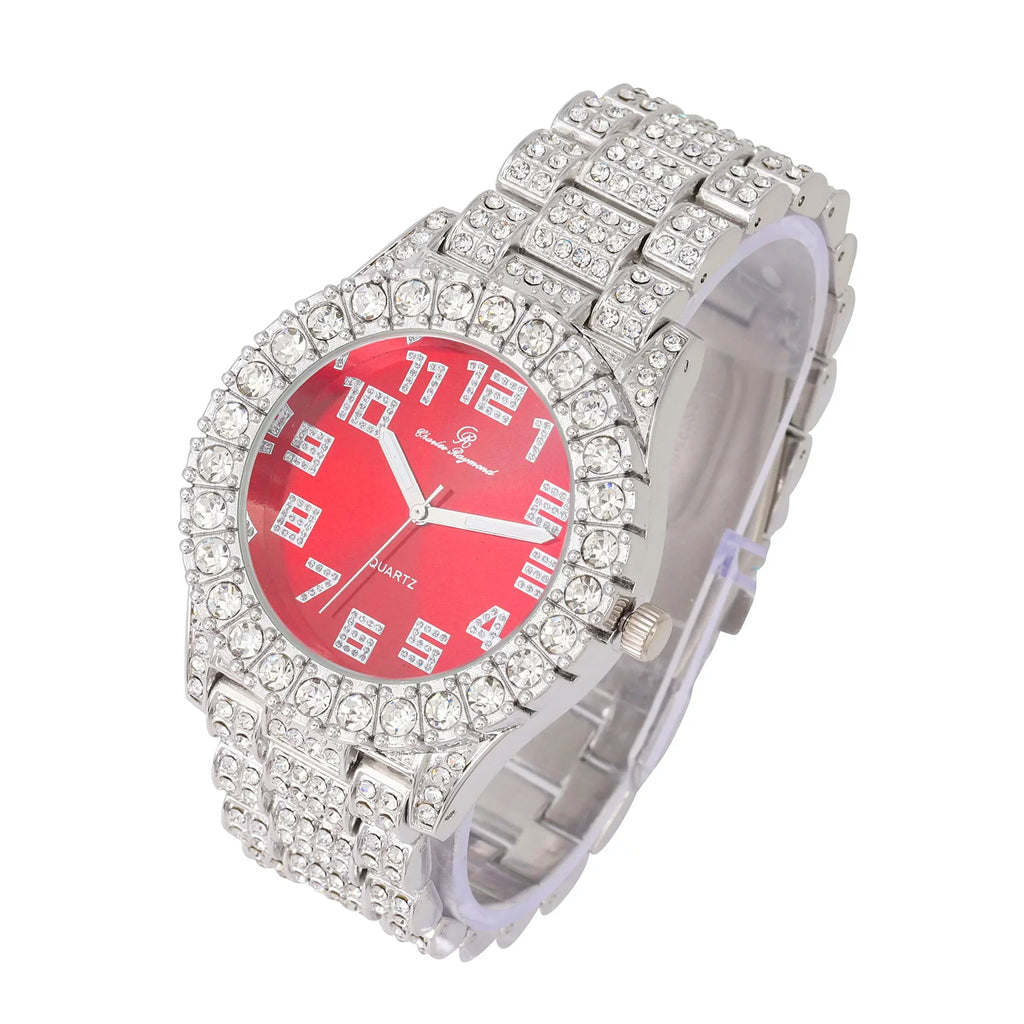 Charles Raymond Mens Big Rocks with Numerals Fully Iced Out Colorful Dial Blinged Out Hip Hop Watch - ST10327AR Single Silver Blood Red