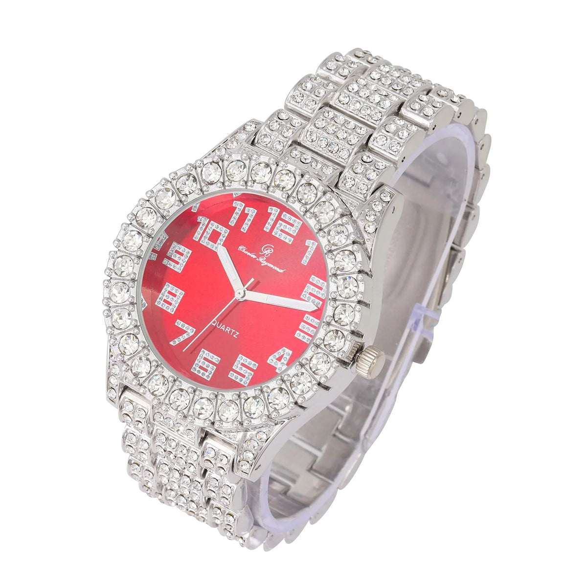 Charles Raymond Mens Big Rocks with Numerals Fully Iced Out Colorful Dial Blinged Out Hip Hop Watch - ST10327AR Single Silver Blood Red