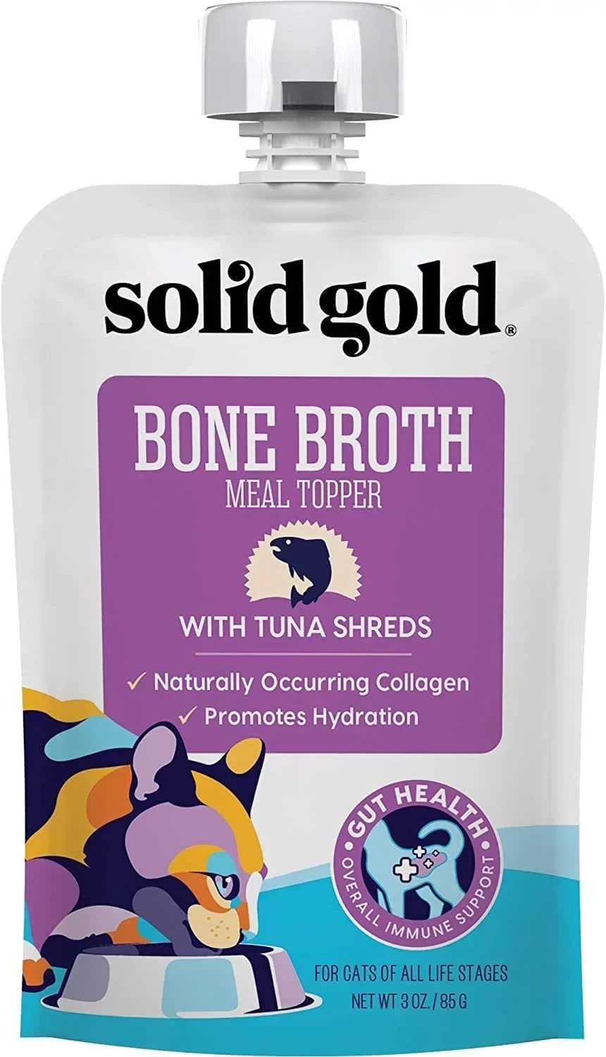 Solid Gold Bone Broth Meal Toppers for Cats - Nutrient Rich Wet Cat Food Meal Toppers with Tuna Shreds to Promote Hydration - Easy to Serve Grain Free Cat Food Gravy 12 Pack