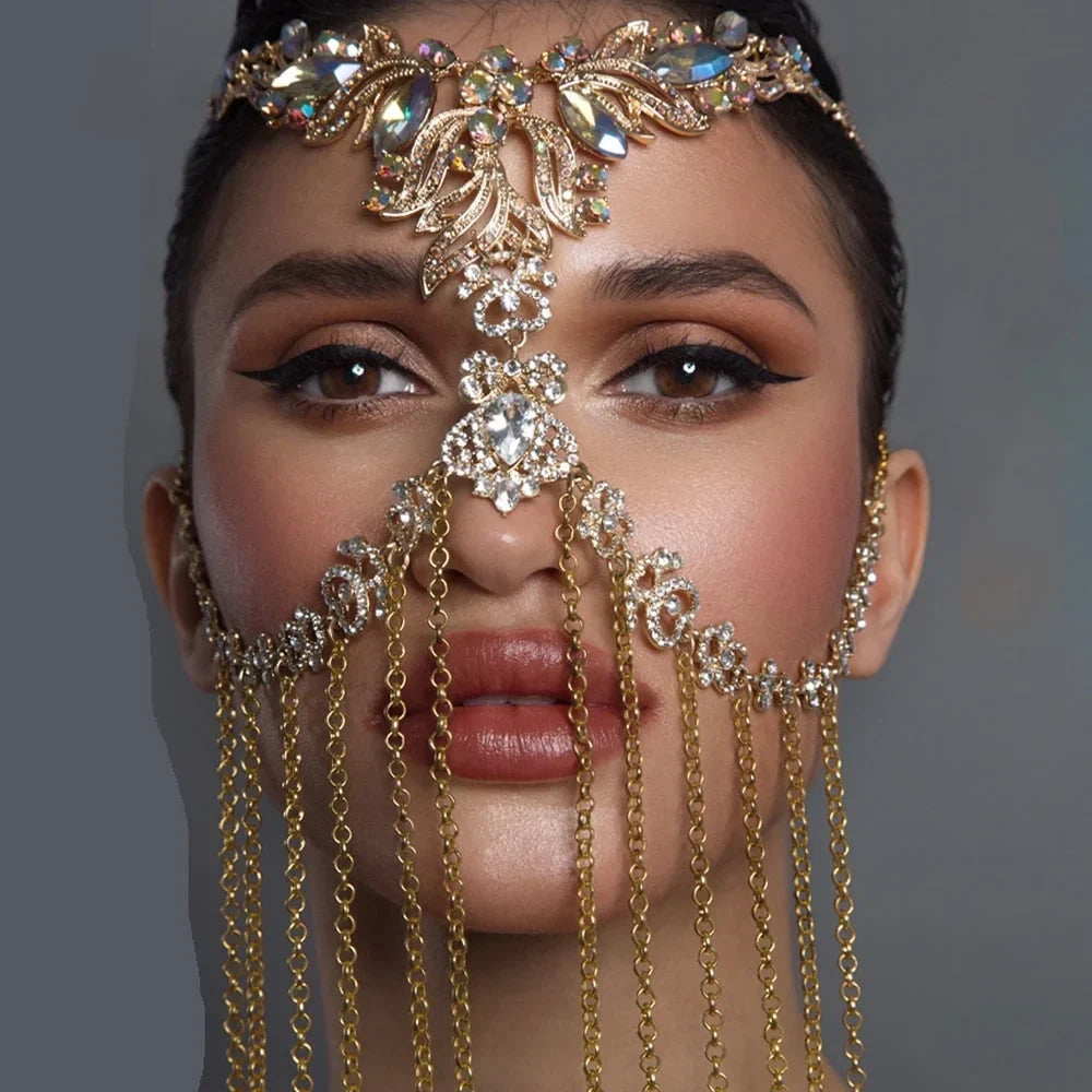 Crystal Face Chain Costumes Halloween Mask for Women Headpiece Tassel Hair Jewelry Face Jewelry Rhinestone
