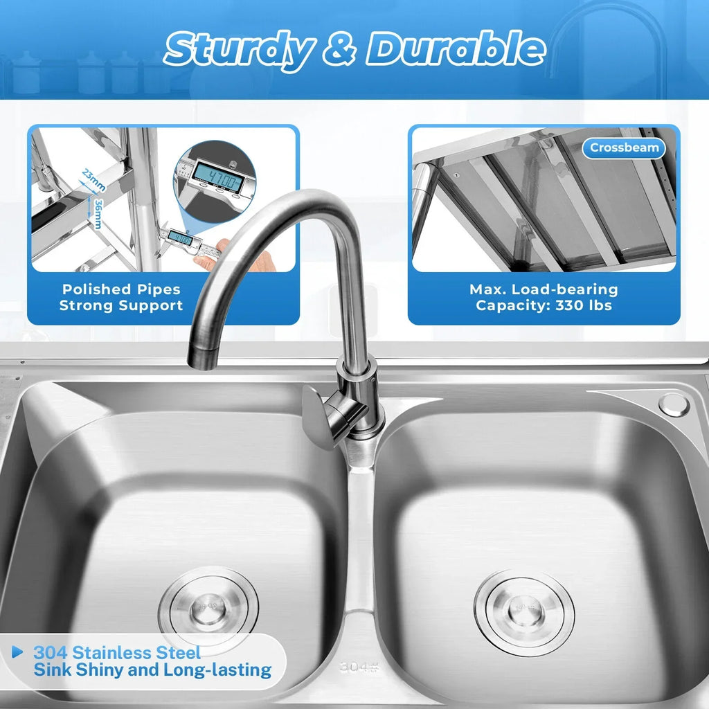 Commercial Kitchen Utility Sink w/ Drainboard 304 Stainless Steel Catering Prep Home Sink Bowl Kitchen 2 Bowls Catering Prep Table w/Faucet Sink Bowl Kitchen 2 Bowls Catering Prep Table +Shelf